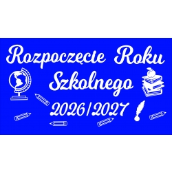dekoracja napis na rozpoczęcie roku szkolnego z  książkami globusem i ołówkami